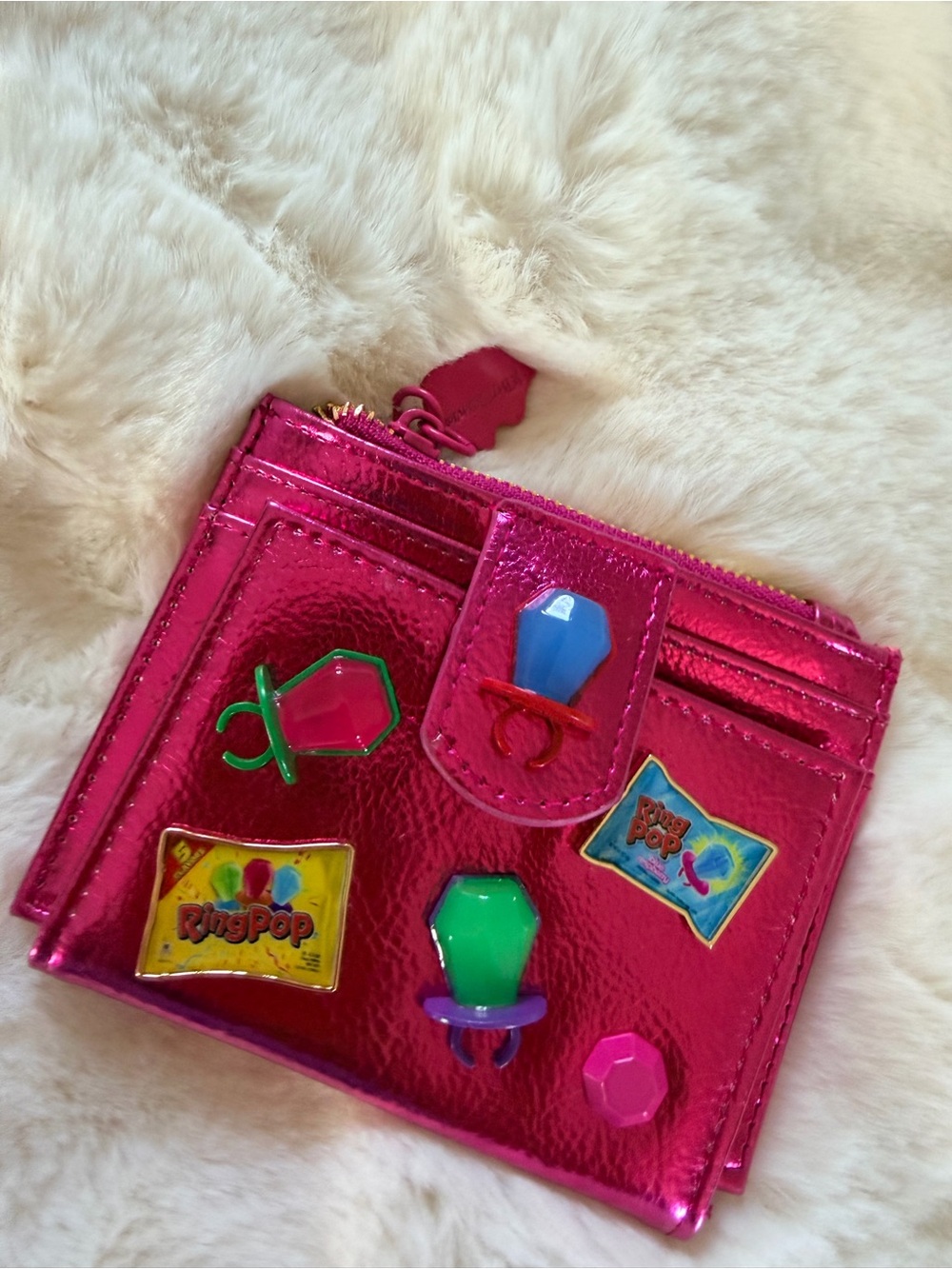 Betsey Johnson Pink Metallic Card Holder Wallet with Colorful Ring Pop Accents - Picture 6 of 12